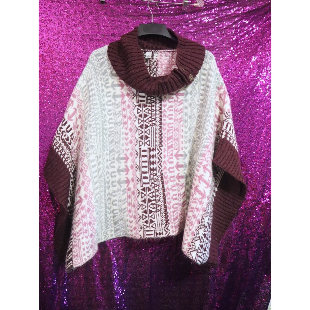 Burgundy Fair Isle Poncho OS Cato Womens Cowl Neck Knit Wrap Sweater
